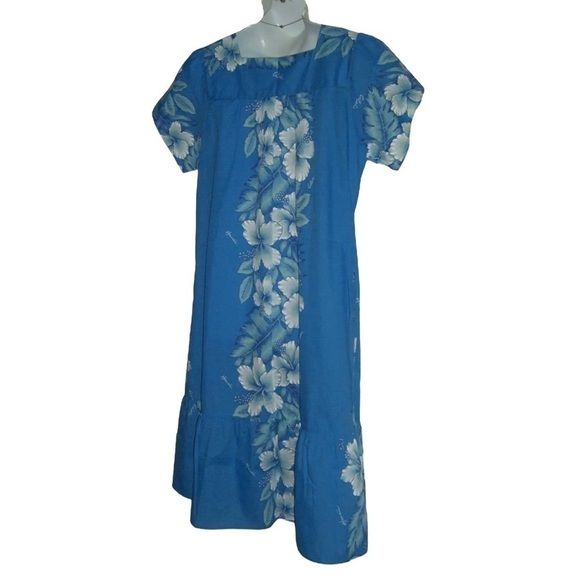 Vintage 80's Kalena Fashions Of Hawaii Dress Flower Blue MuMu Hibiscus Vacation - Picture 6 of 14